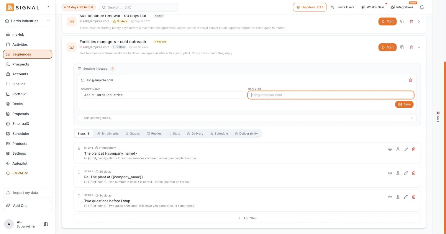 A three-step Empiraa Signal sequence expanded to show the sending inbox, sender name and each email with its delay, subject line and opening line